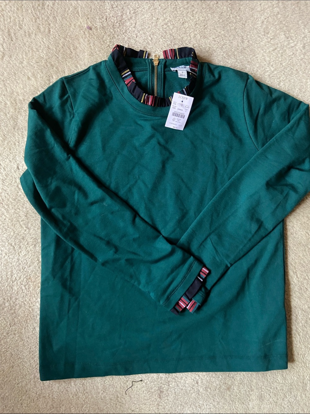 J. Crew Factory Green Long-Sleeve Top with plaid Ruffle Trim